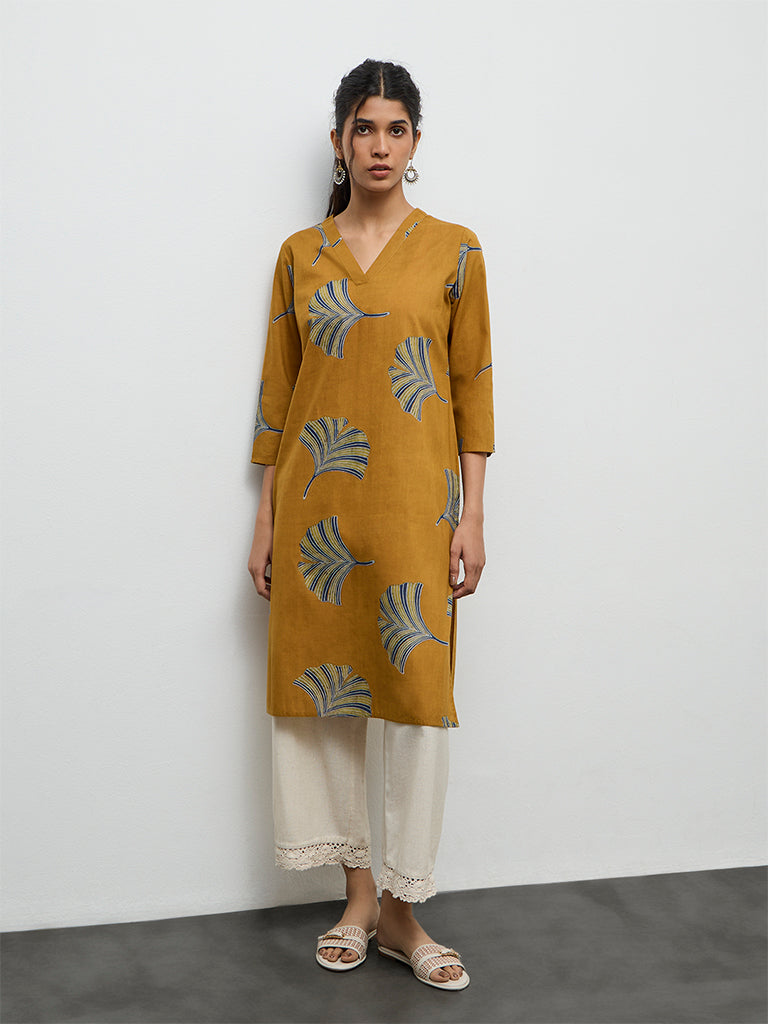 Utsa Mustard Foliage Printed Cotton Straight Kurta