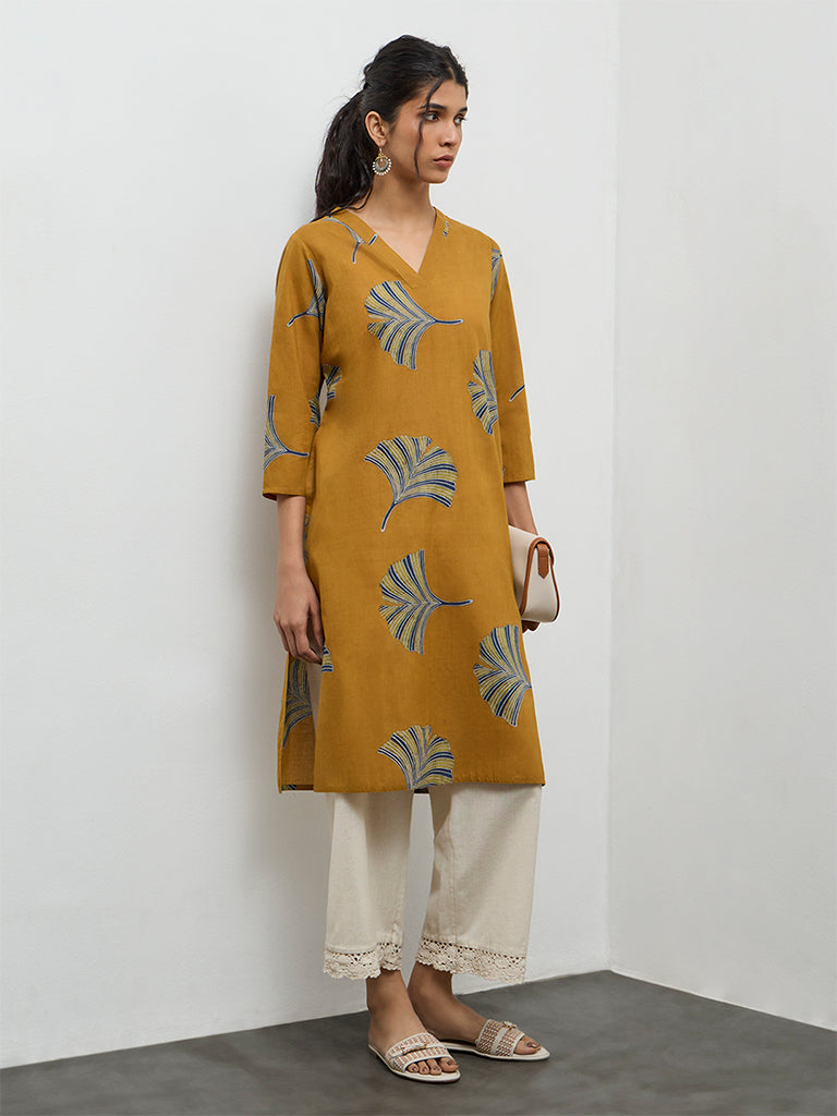Utsa Mustard Foliage Printed Cotton Straight Kurta