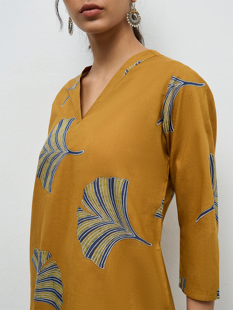 Utsa Mustard Foliage Printed Cotton Straight Kurta