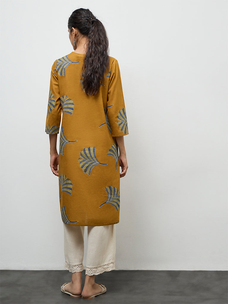 Utsa Mustard Foliage Printed Cotton Straight Kurta