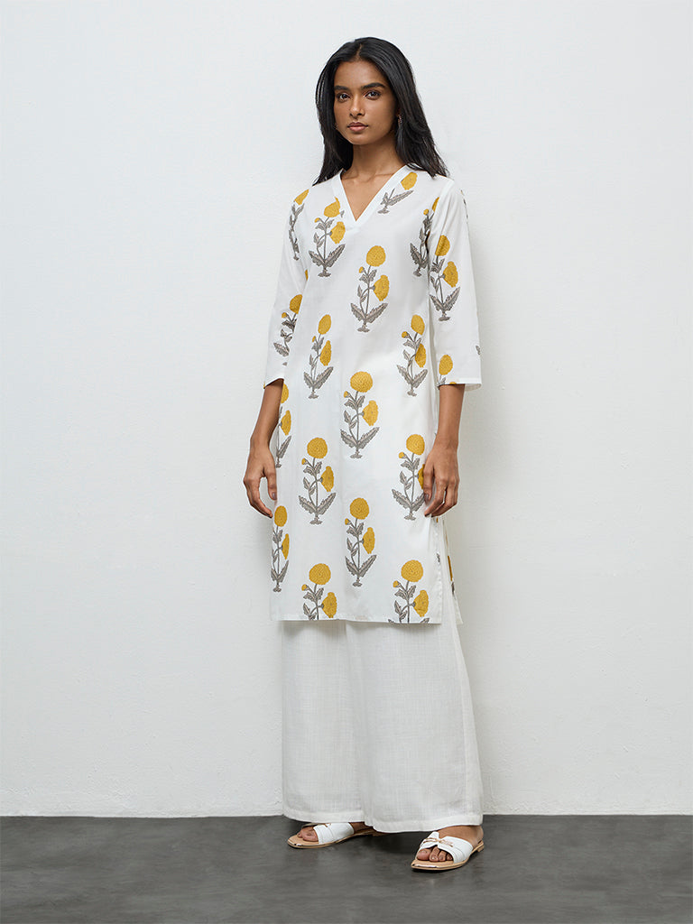 Utsa White Floral Pattern Cotton Straight Kurta