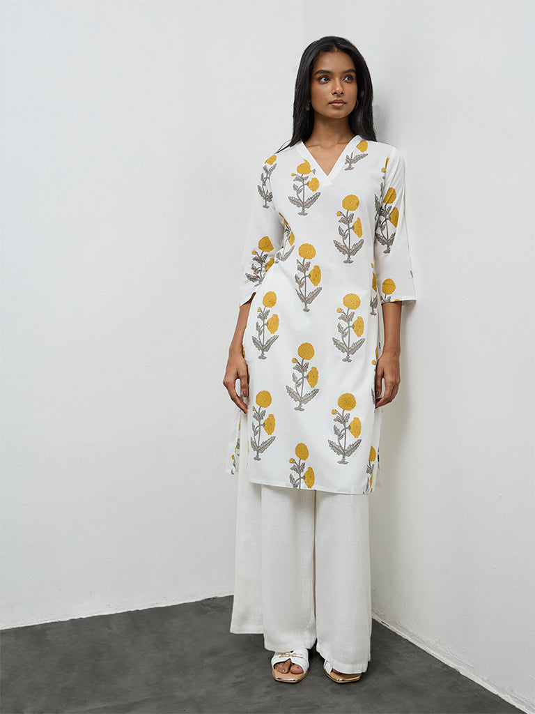 Utsa White Floral Pattern Cotton Straight Kurta
