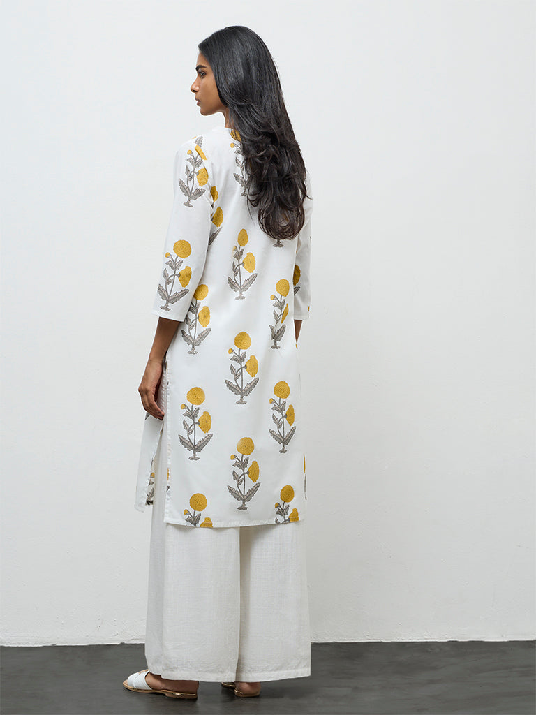 Utsa White Floral Pattern Cotton Straight Kurta