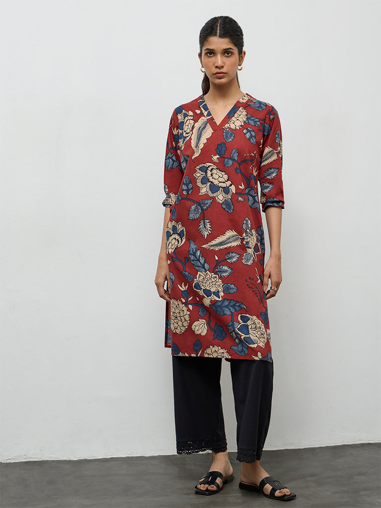 Utsa Maroon Botanical Design Cotton Straight Kurta