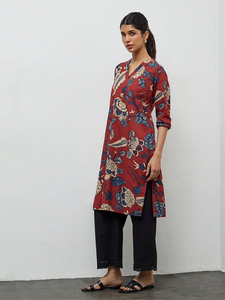 Utsa Maroon Botanical Design Cotton Straight Kurta