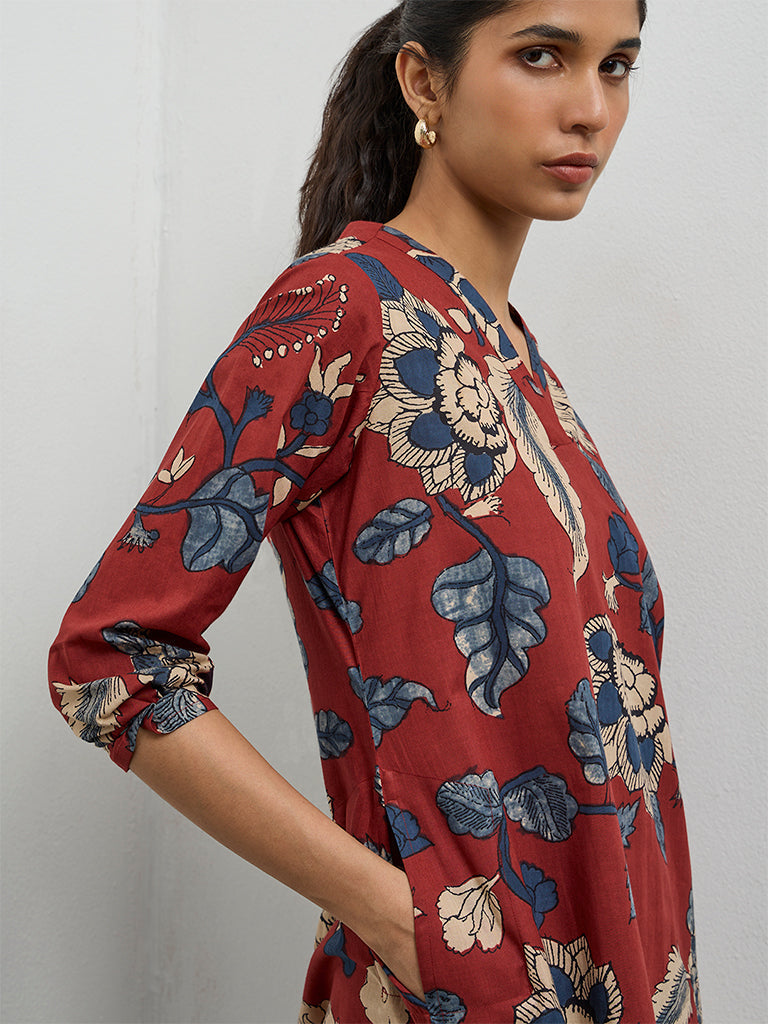 Utsa Maroon Botanical Design Cotton Straight Kurta