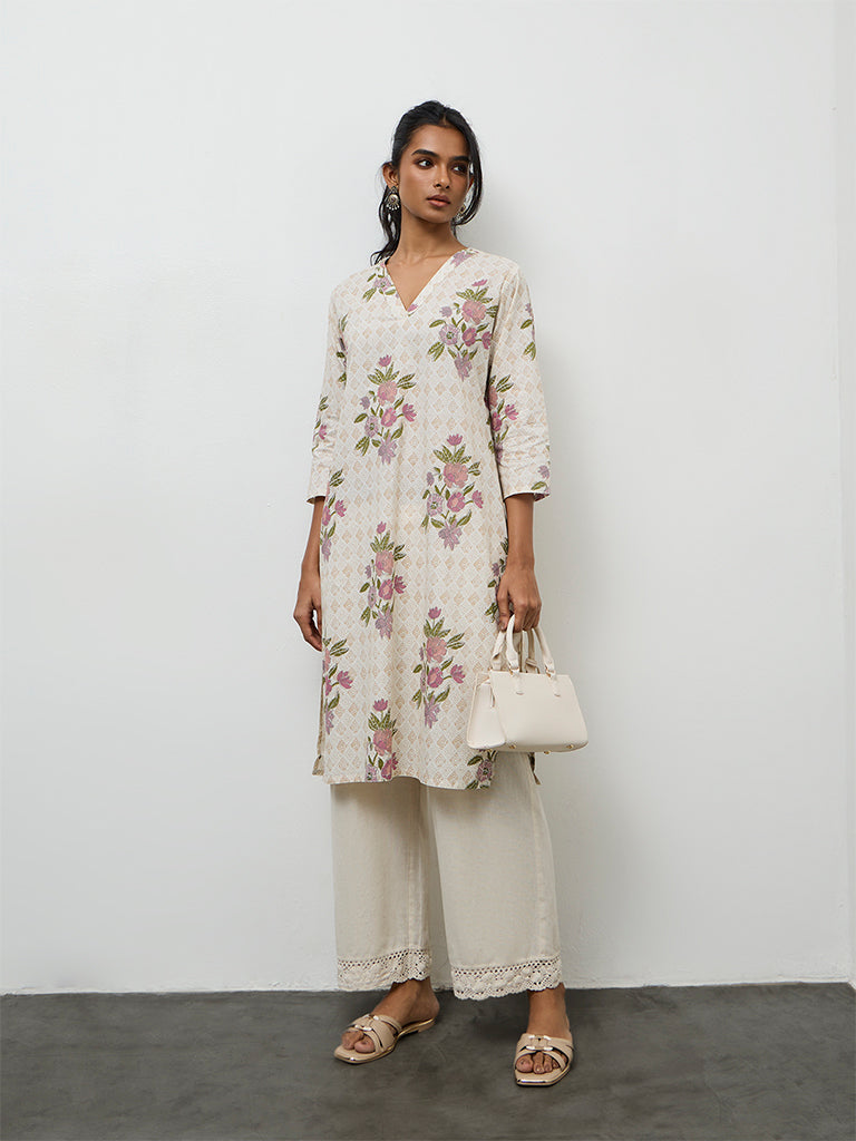 Utsa Beige Floral Design Cotton A-Line Kurta