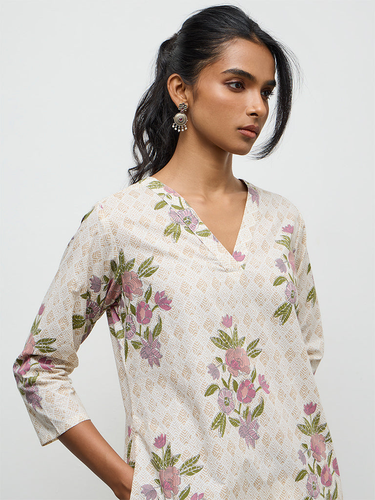 Utsa Beige Floral Design Cotton A-Line Kurta