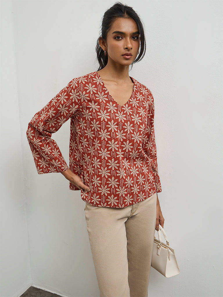 Utsa Red Floral Printed Cotton Top
