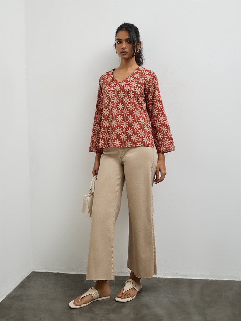 Utsa Red Floral Printed Cotton Top