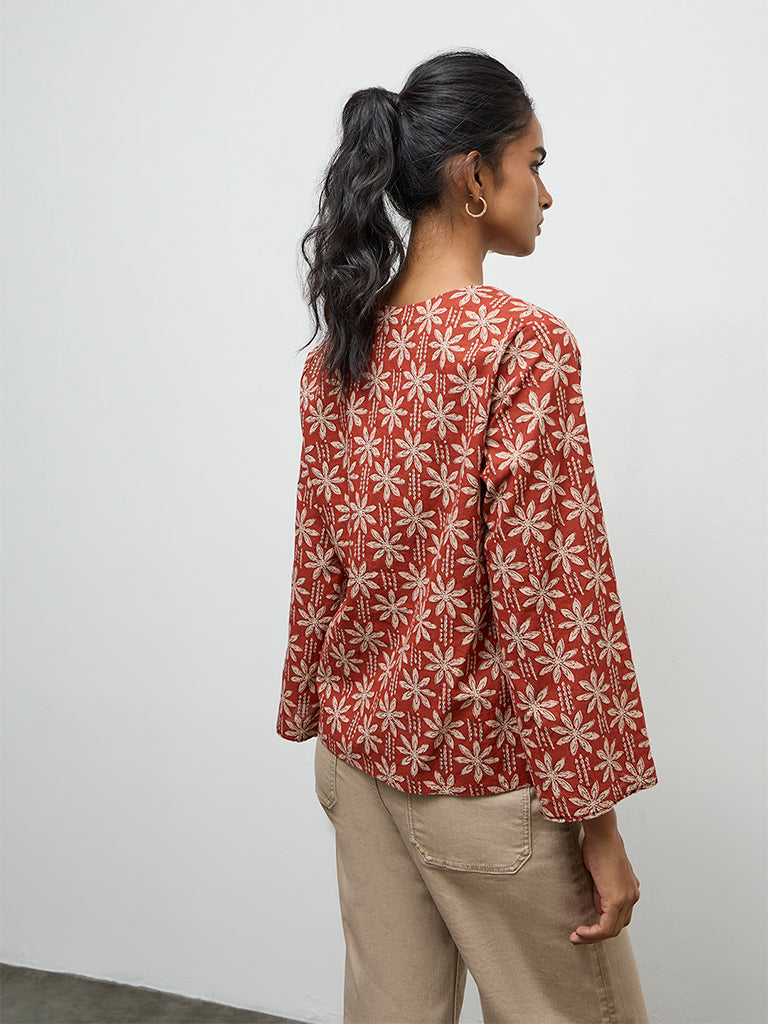 Utsa Red Floral Printed Cotton Top