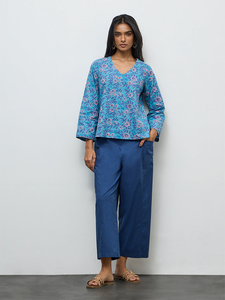 Utsa Blue Floral Pattern Cotton Tunic