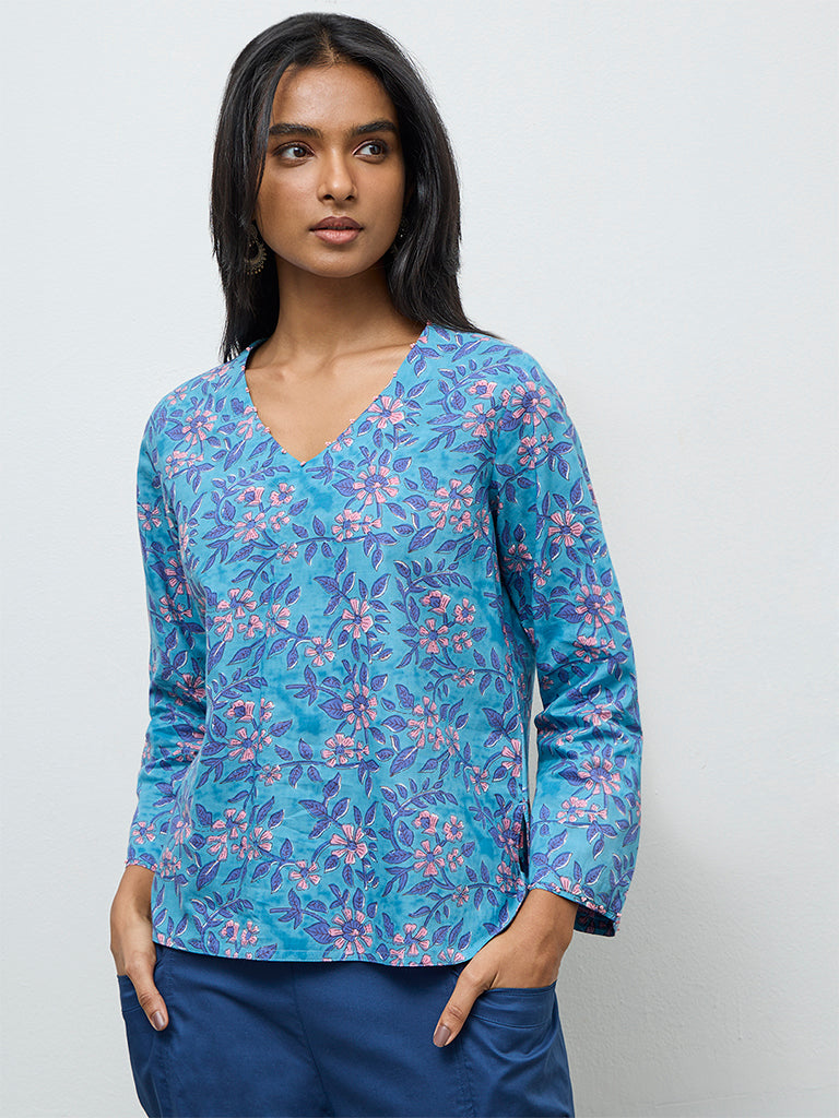 Utsa Blue Floral Pattern Cotton Tunic