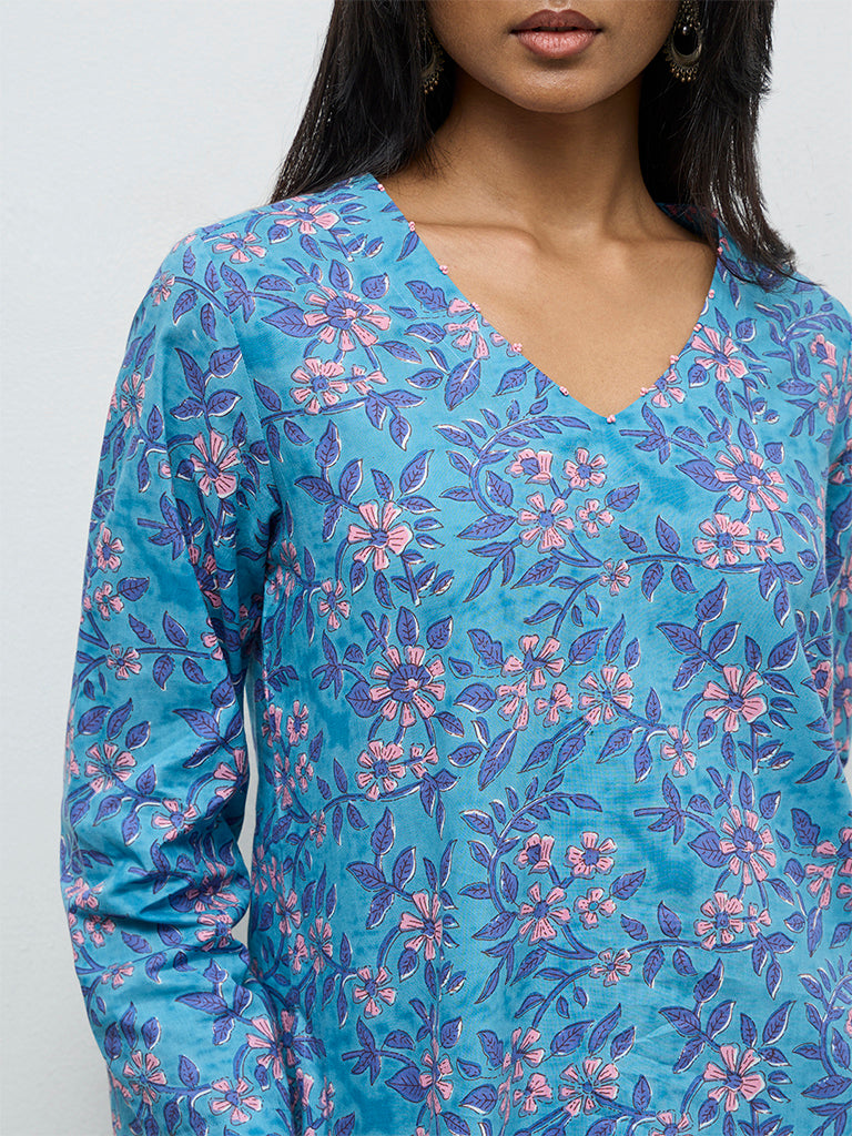 Utsa Blue Floral Pattern Cotton Tunic