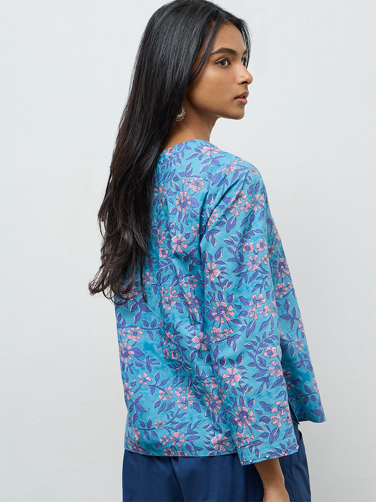 Utsa Blue Floral Pattern Cotton Tunic
