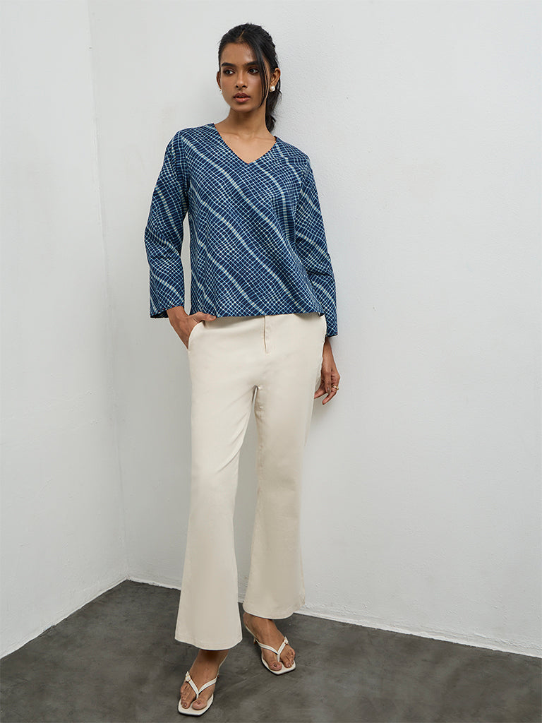 Utsa Indigo Checks Design Cotton Top