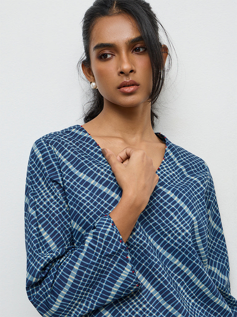 Utsa Indigo Checks Design Cotton Top