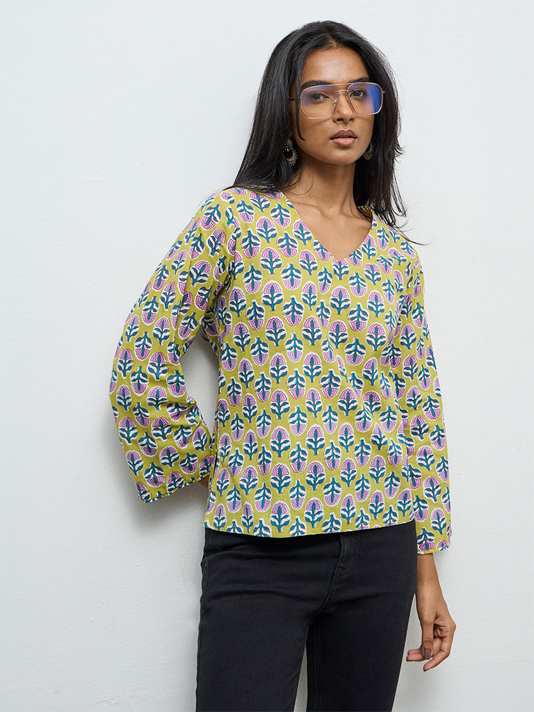 Utsa Lime Floral Printed Cotton Tunic