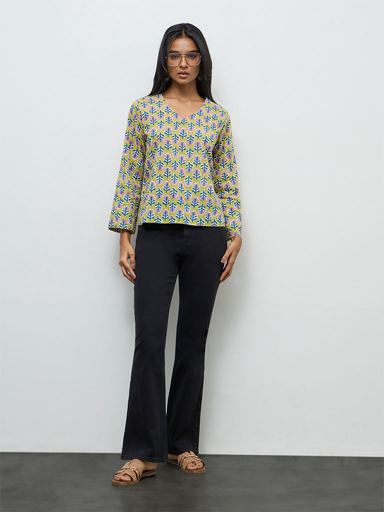 Utsa Lime Floral Printed Cotton Tunic