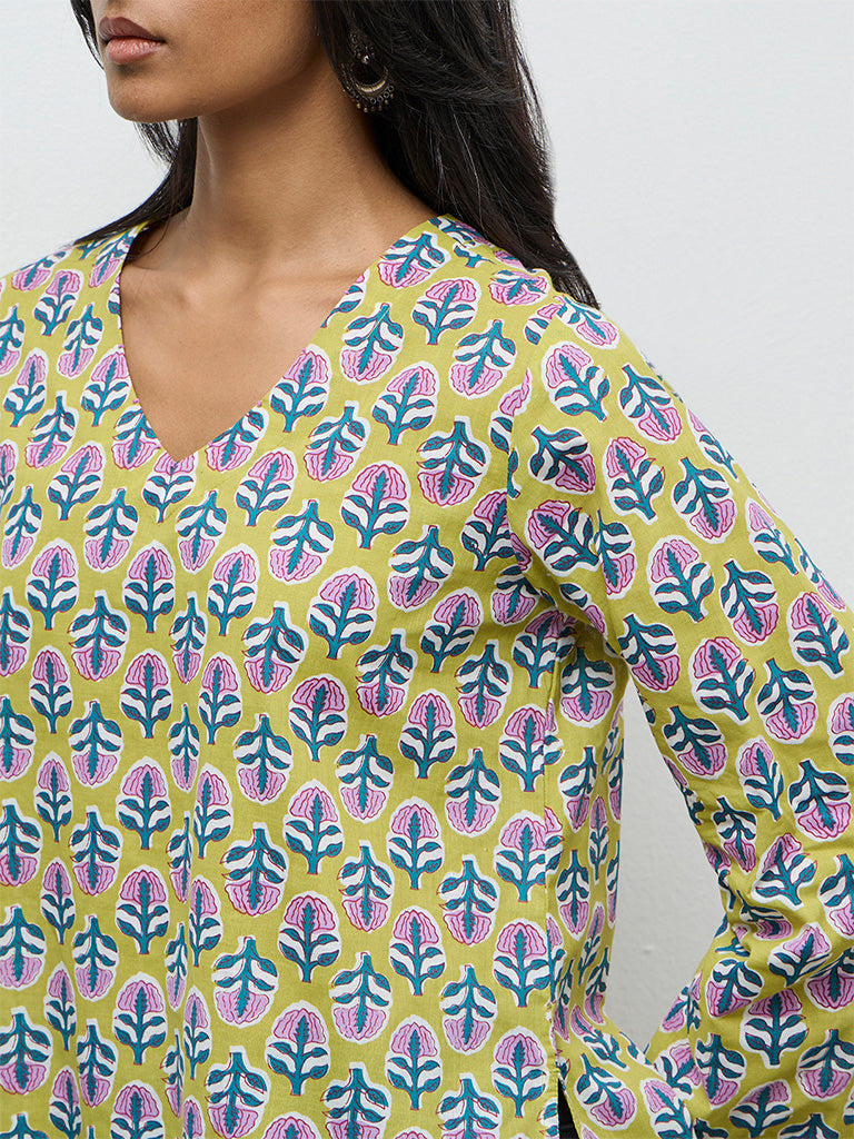 Utsa Lime Floral Printed Cotton Tunic