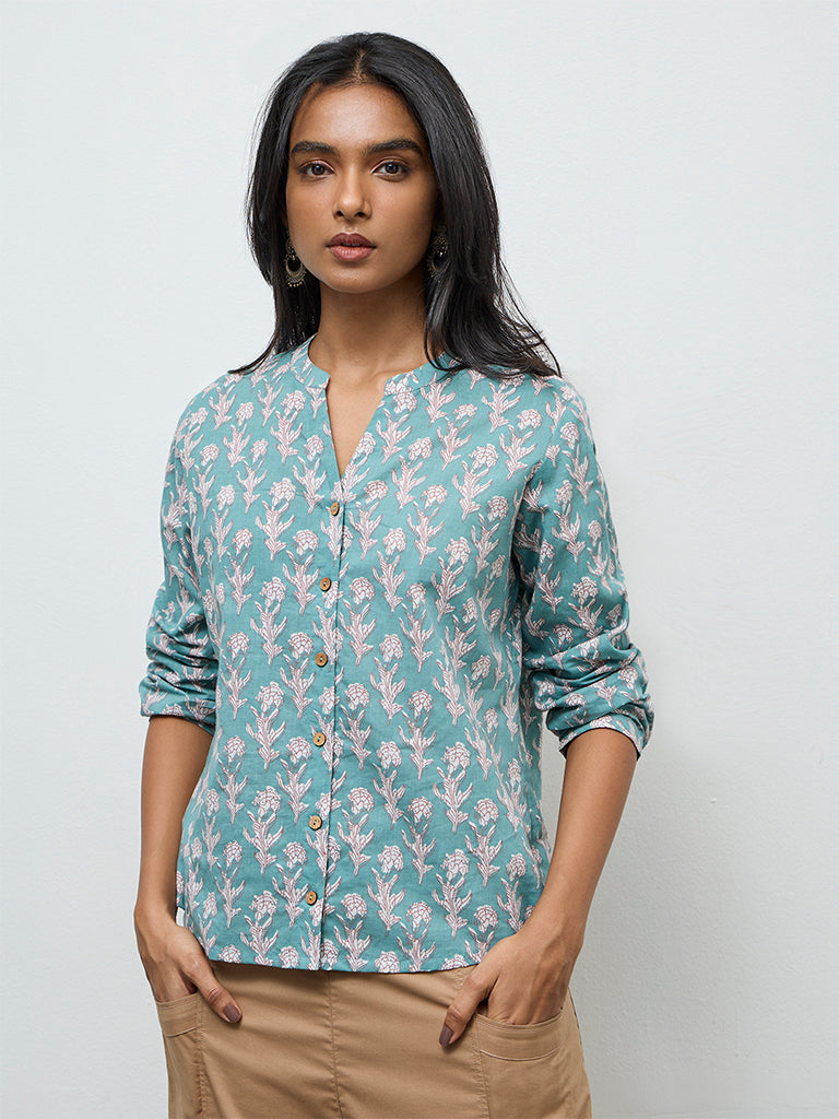 Utsa Aqua Floral Printed Cotton Tunic