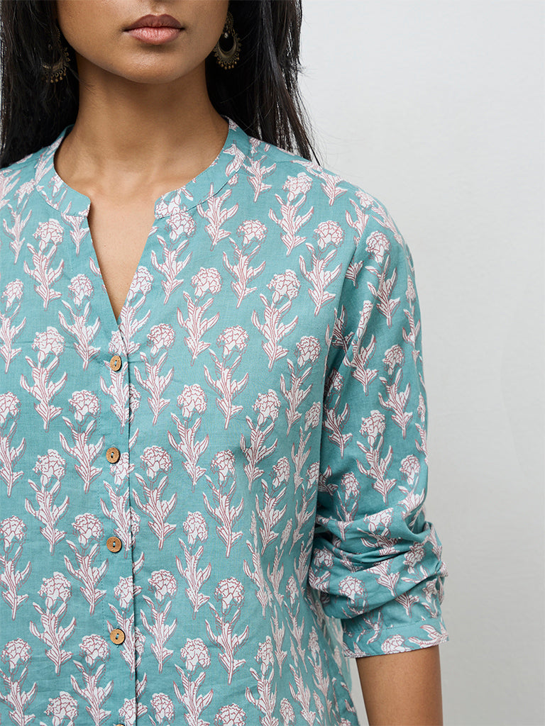 Utsa Aqua Floral Printed Cotton Tunic