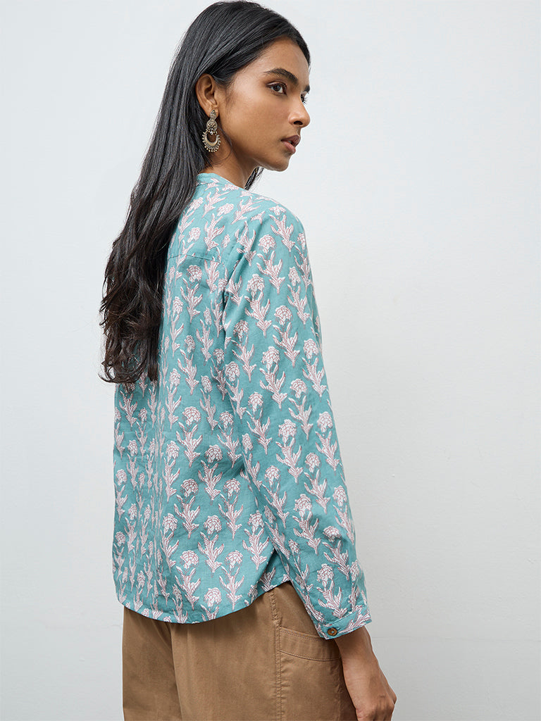 Utsa Aqua Floral Printed Cotton Tunic