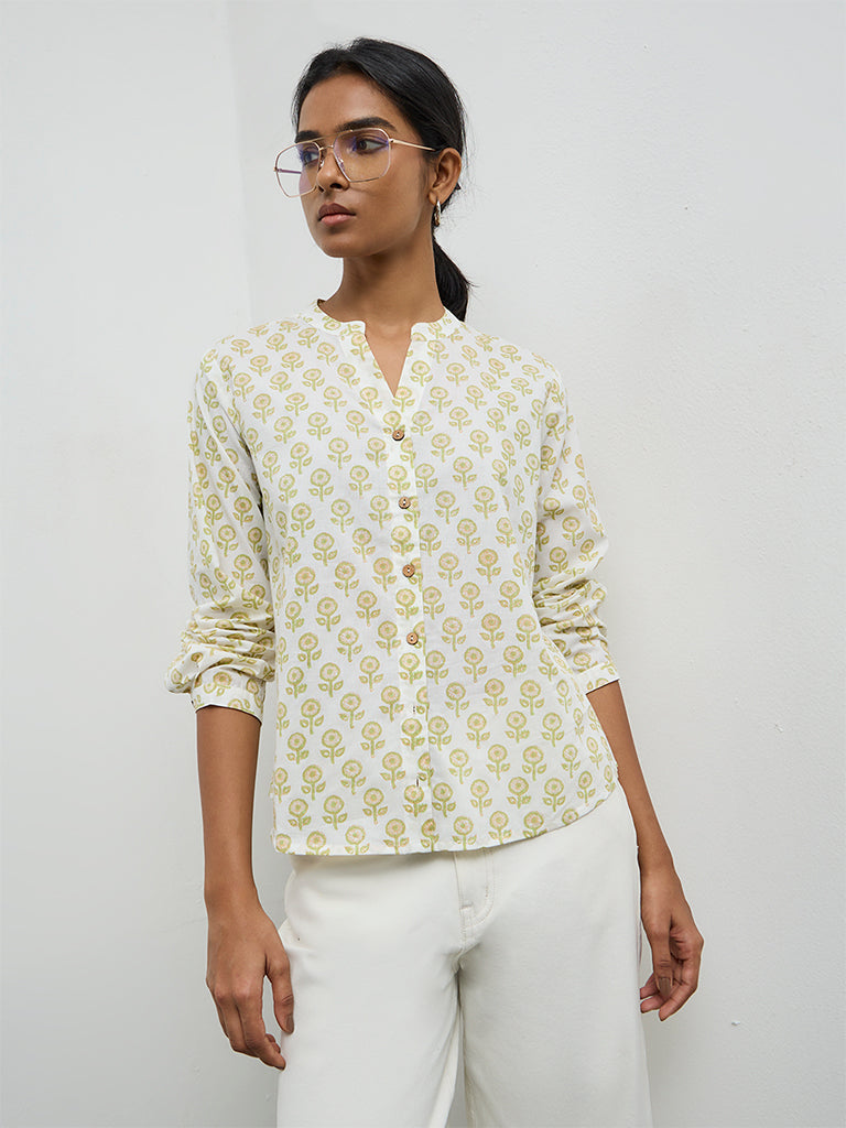 Utsa Off-White Floral Design Cotton Tunic