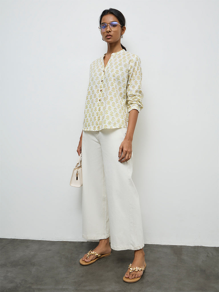 Utsa Off-White Floral Design Cotton Tunic