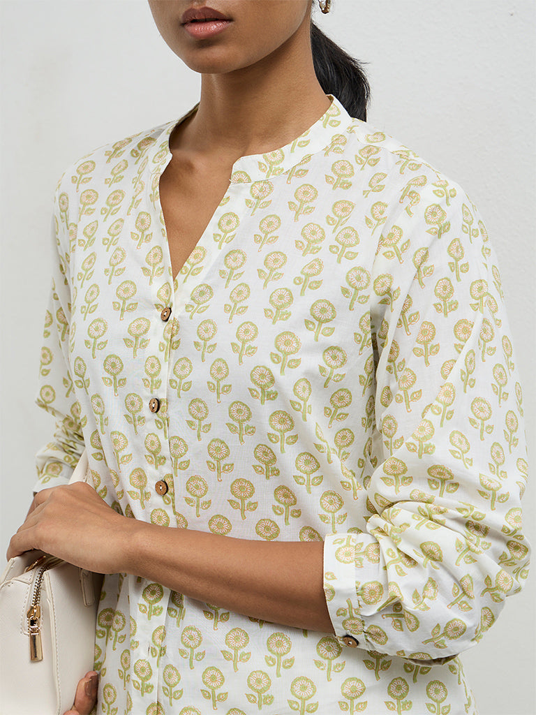 Utsa Off-White Floral Design Cotton Tunic