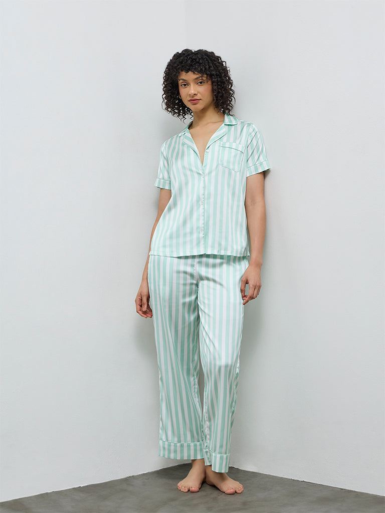 Wunderlove Sage Striped Satin Shirt and Pyjama Set