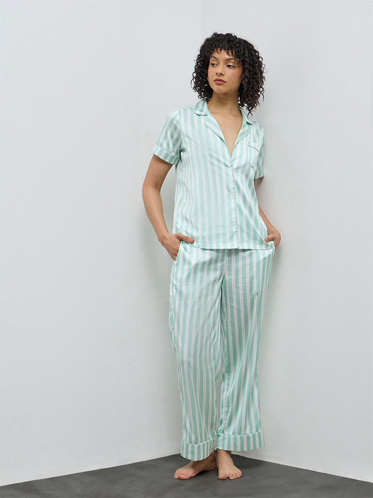 Wunderlove Sage Striped Satin Shirt and Pyjama Set