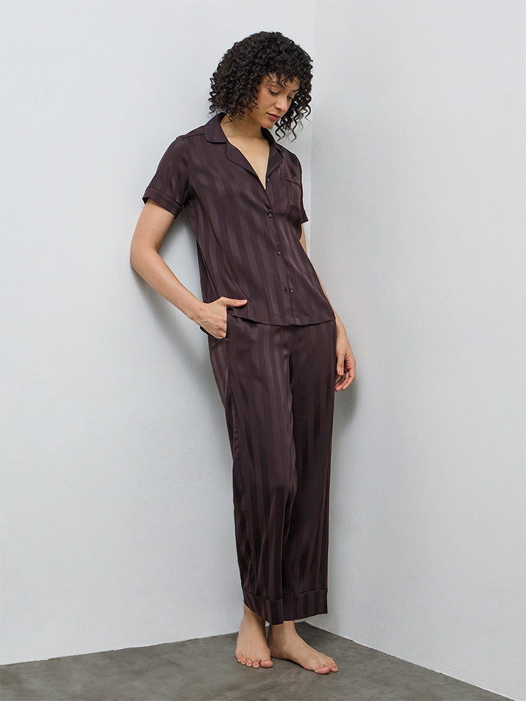 Wunderlove Dark Brown Self-Striped Satin Shirt and Pyjama Set