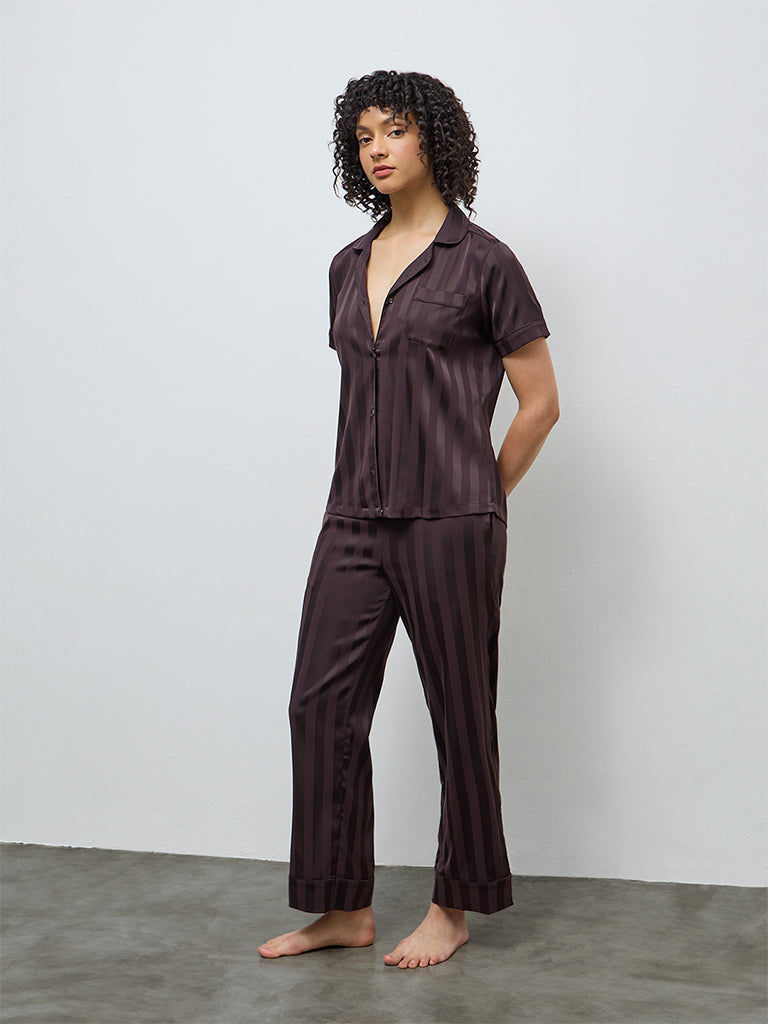 Wunderlove Dark Brown Self-Striped Satin Shirt and Pyjama Set