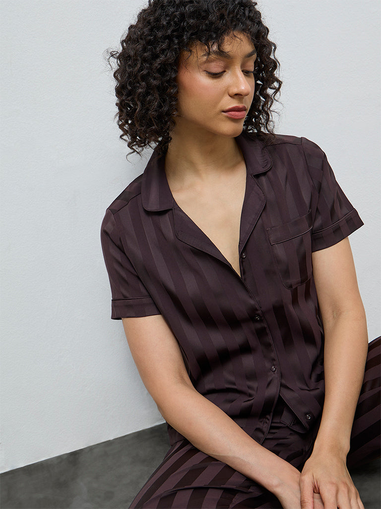 Wunderlove Dark Brown Self-Striped Satin Shirt and Pyjama Set