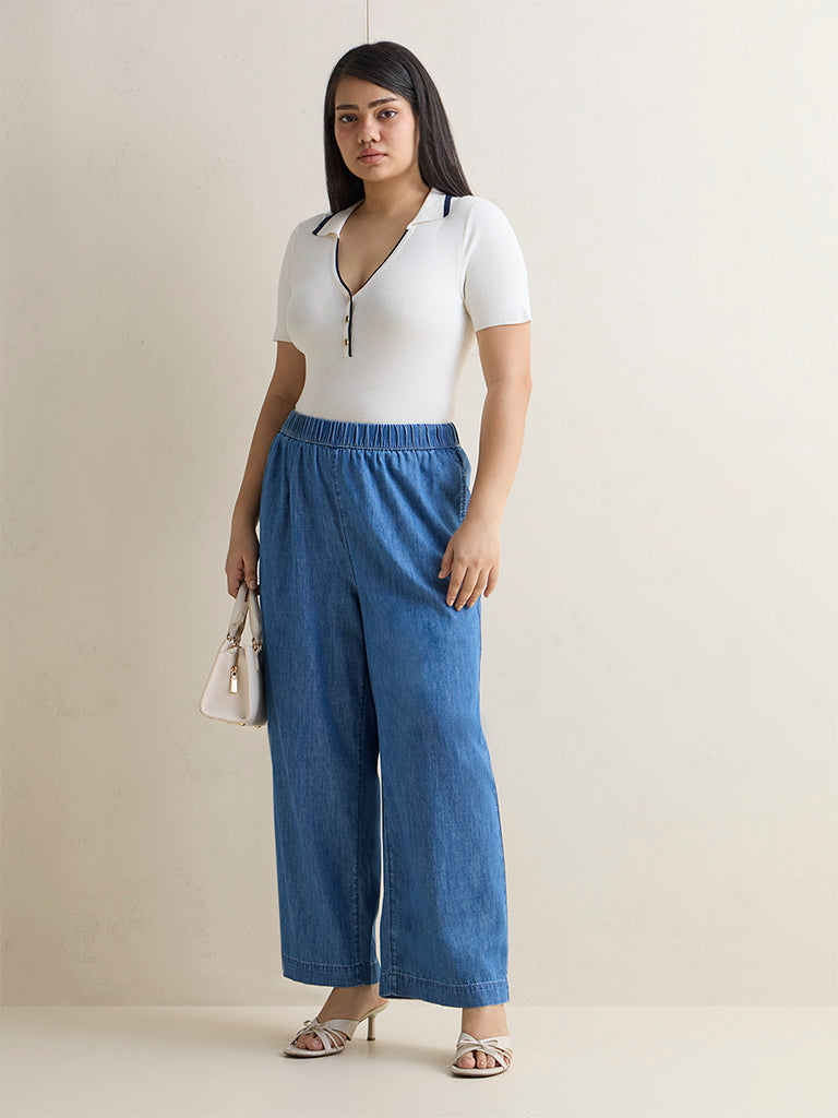 Gia Blue Solid High-Rise Cotton Pants