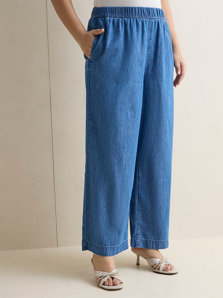 Gia Blue Solid High-Rise Cotton Pants