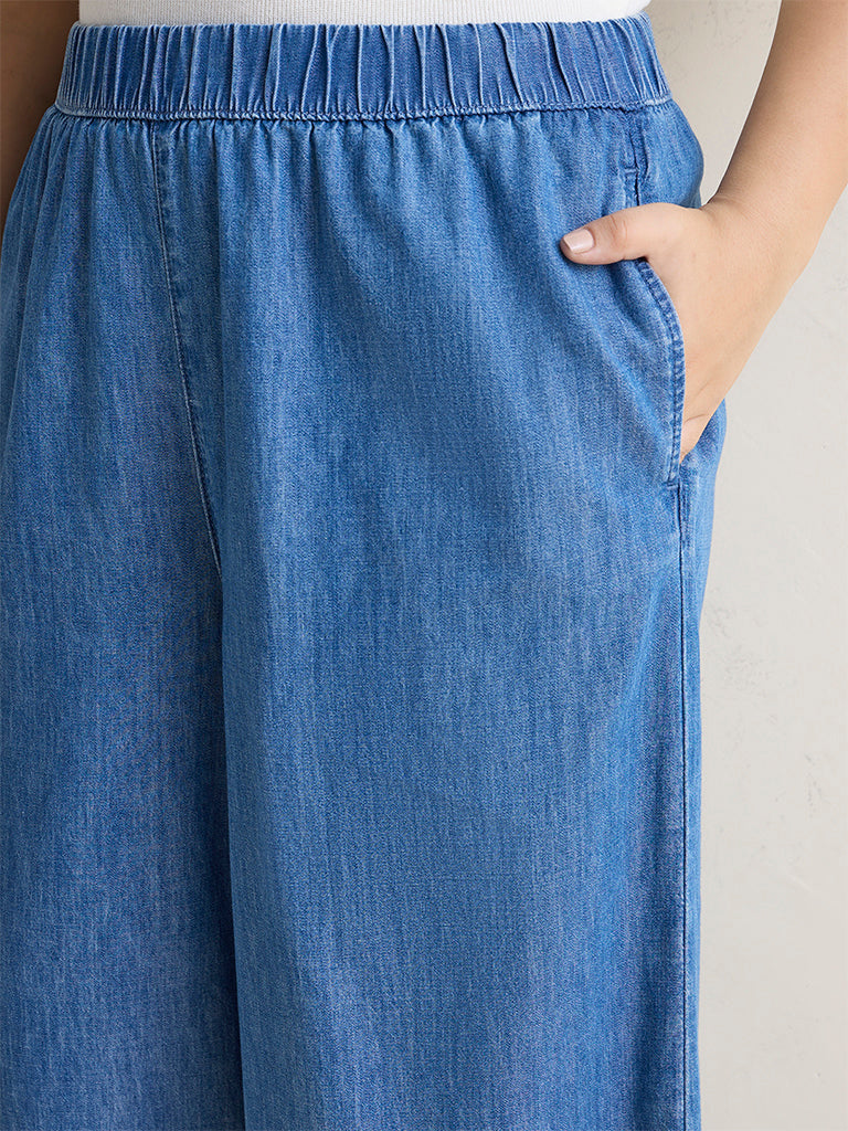 Gia Blue Solid High-Rise Cotton Pants