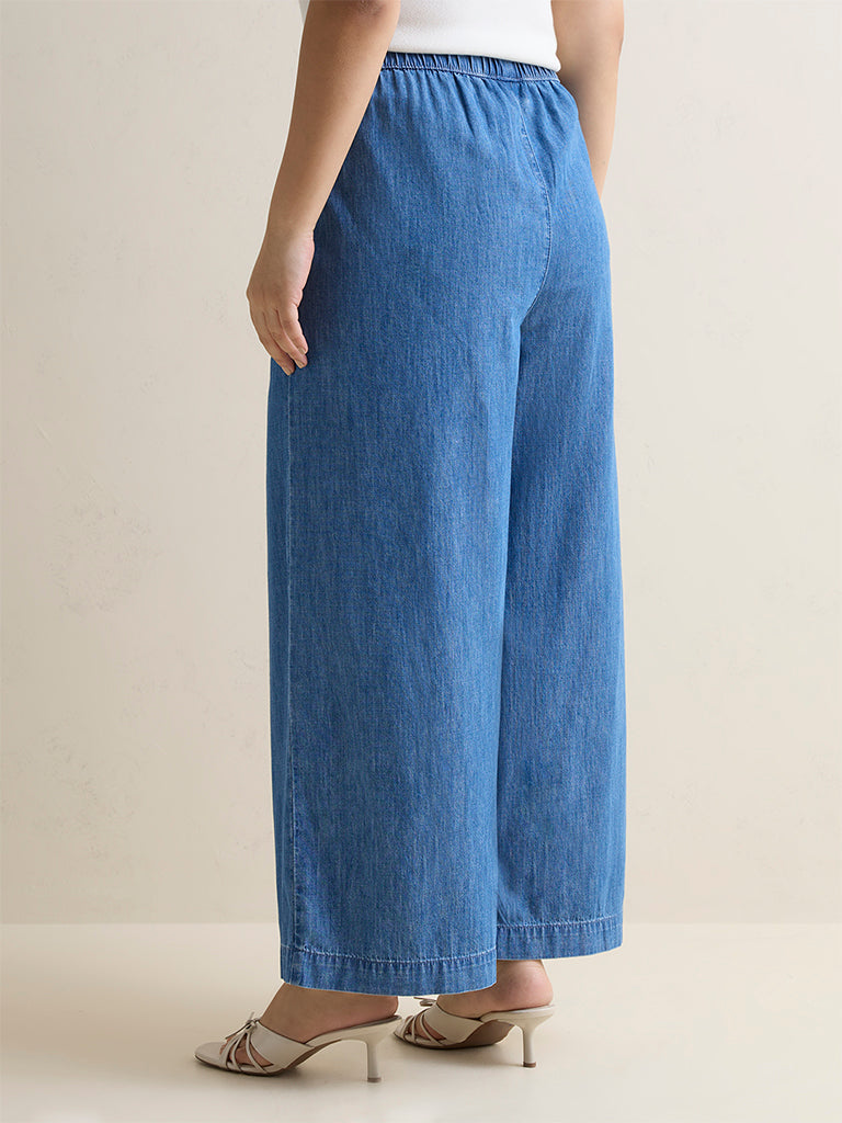 Gia Blue Solid High-Rise Cotton Pants