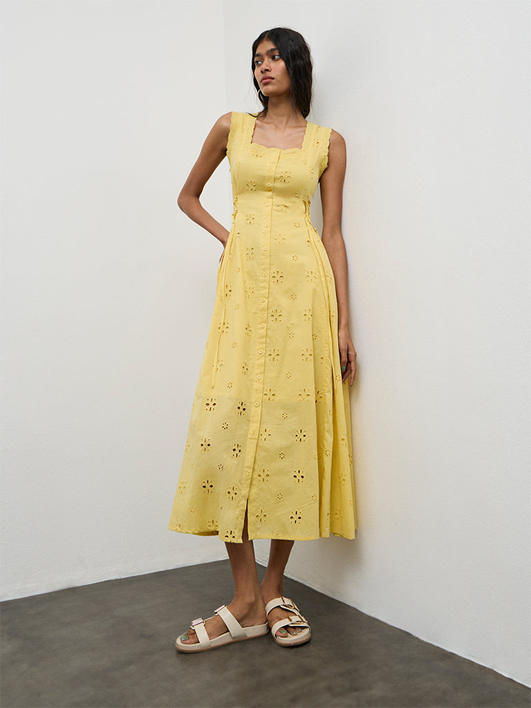 Bombay Paisley Yellow Embroidered Cotton A-Line Dress