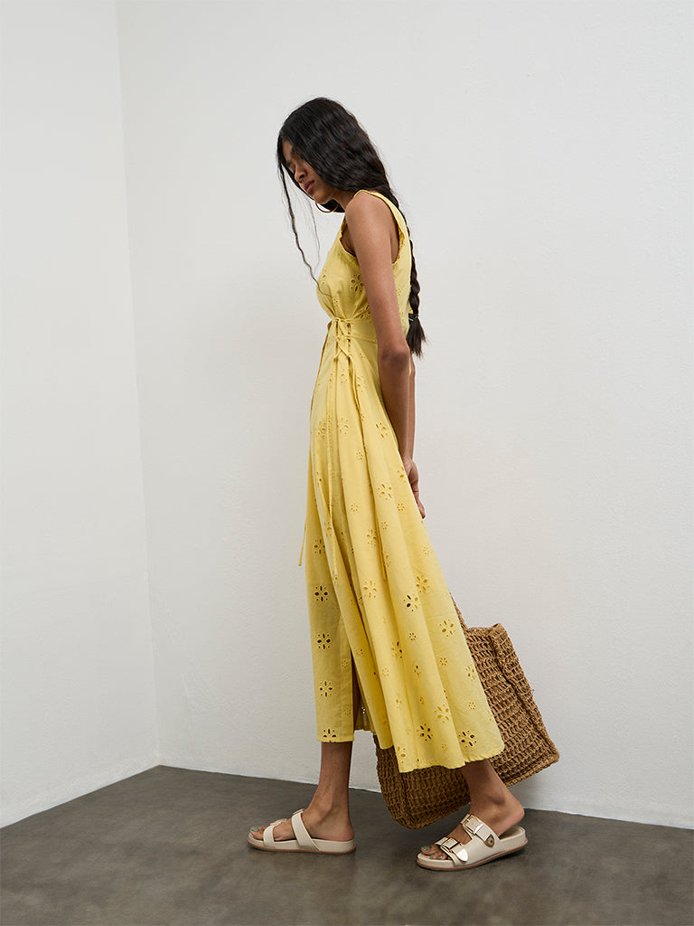 Bombay Paisley Yellow Embroidered Cotton A-Line Dress