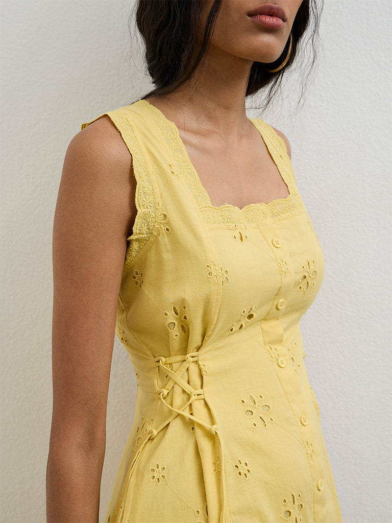 Bombay Paisley Yellow Embroidered Cotton A-Line Dress