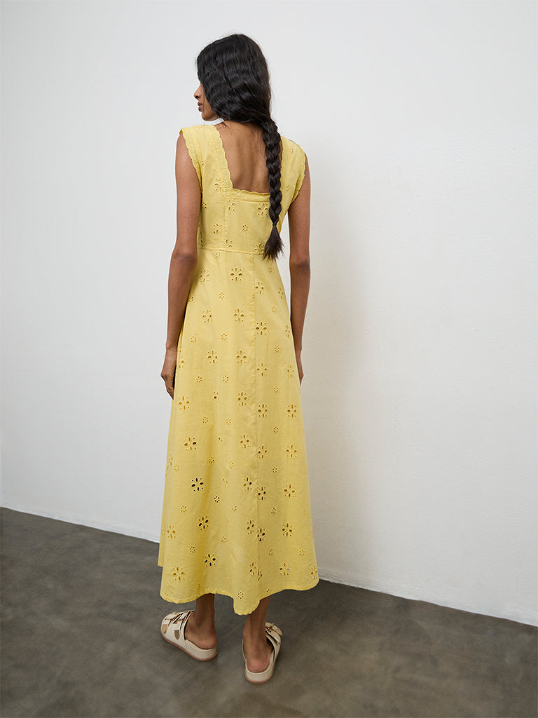 Bombay Paisley Yellow Embroidered Cotton A-Line Dress