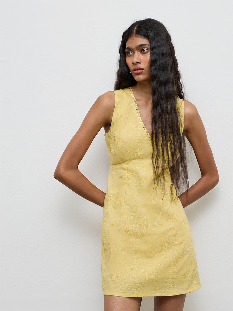 Bombay Paisley Yellow Embroidered Cotton A-Line Dress