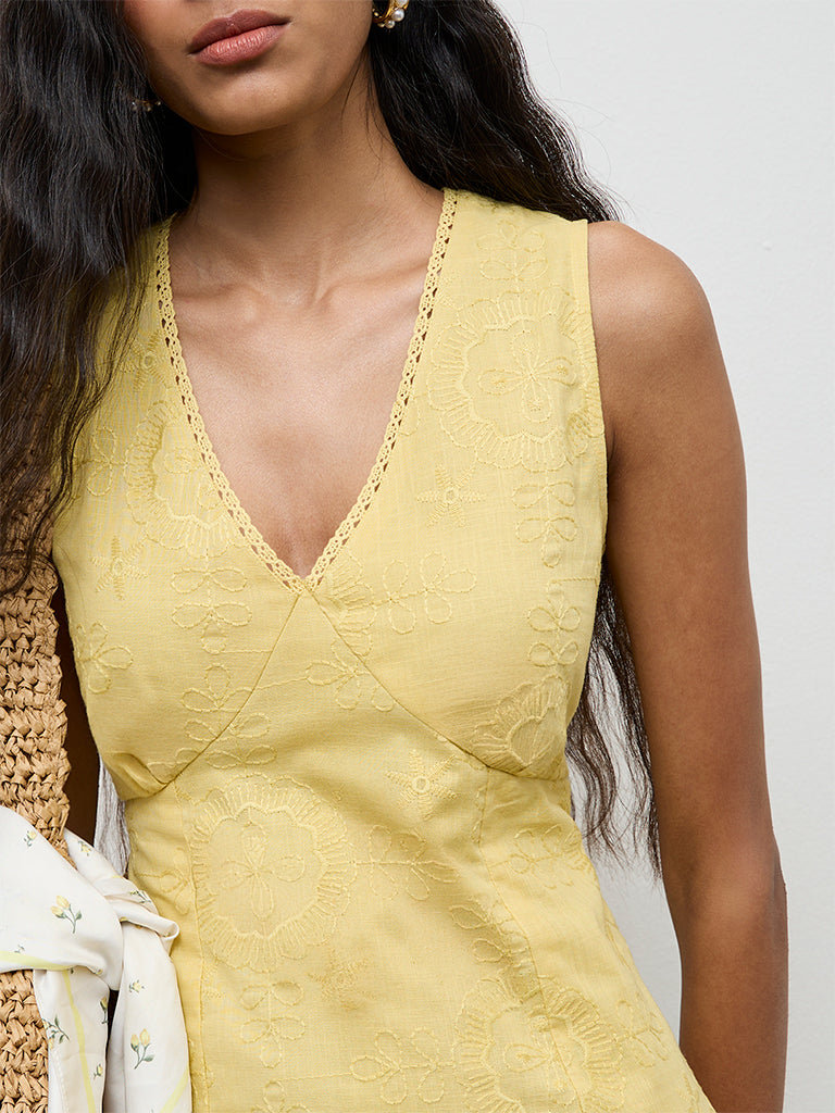 Bombay Paisley Yellow Embroidered Cotton A-Line Dress
