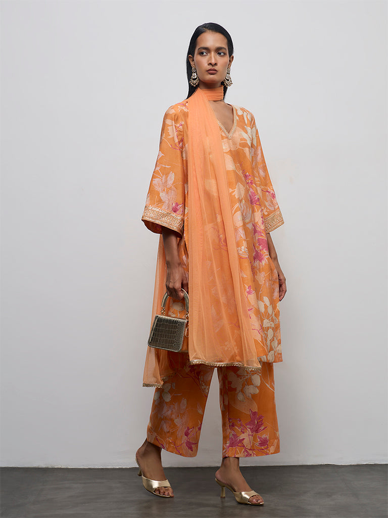 Vark Light Orange Floral Printed A-Line Ethnic Set