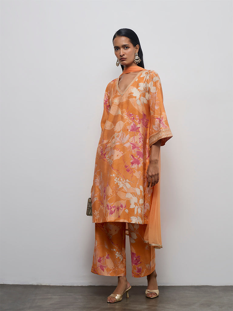 Vark Light Orange Floral Printed A-Line Ethnic Set