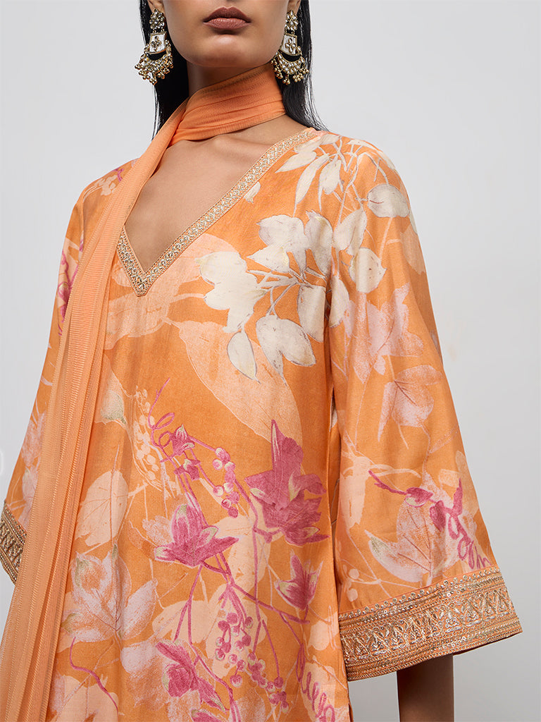 Vark Light Orange Floral Printed A-Line Ethnic Set