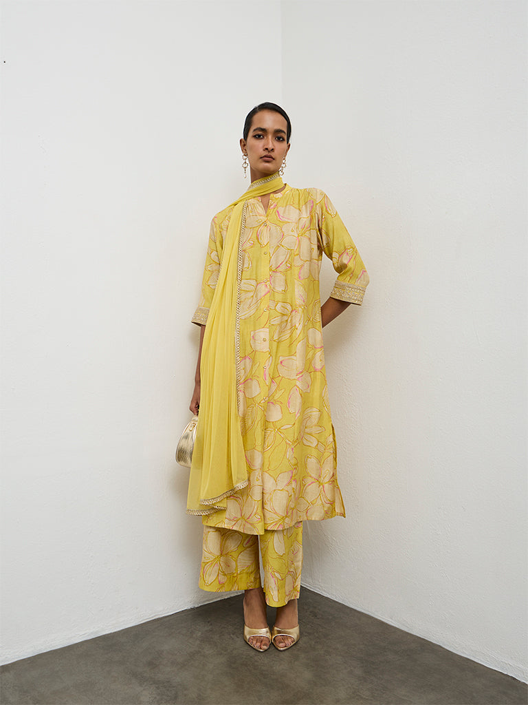 Vark Yellow Floral Pattern A-Line Ethnic Set