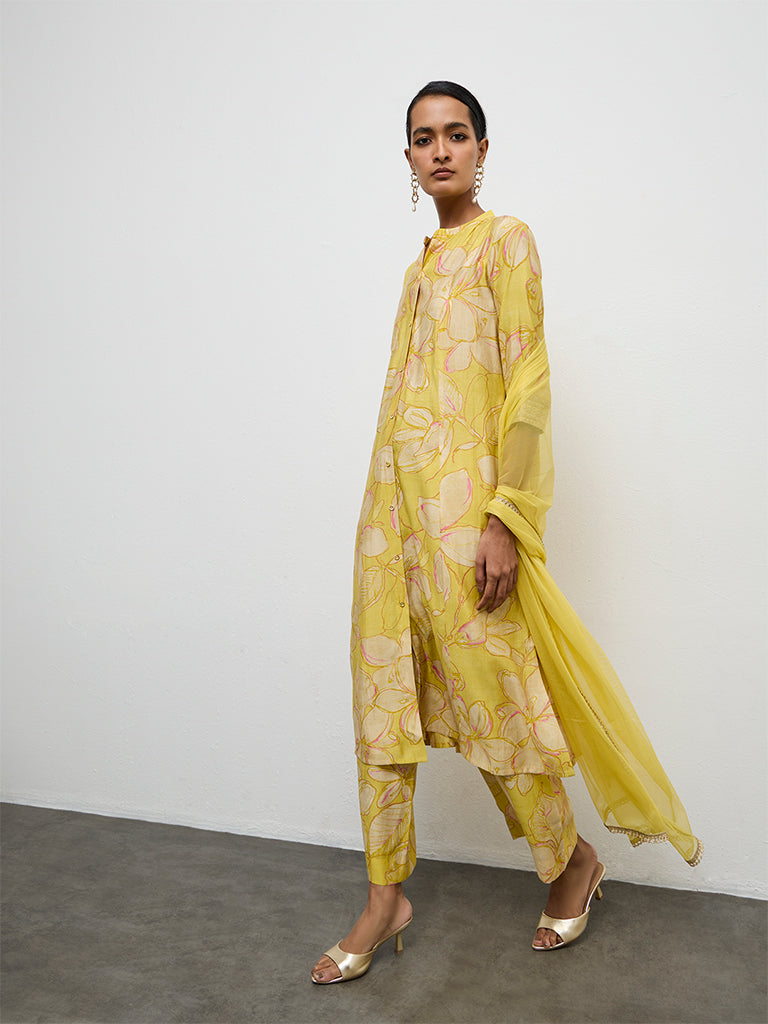 Vark Yellow Floral Pattern A-Line Ethnic Set